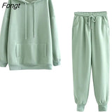 and Winter 2023 New Hooded Sweater Plush Thickened Two-piece Loose Pants Hooded Sweatshirts Women's Tracksuit Female
