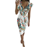 Fongt New Multi-Color Printing Dress V Collar Lotus Edges Sexy High-Waisted