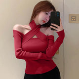 Straps Knitted Long Sleeve Crop Tops Korean Sweater Off Shoulder Straight Neck Tops-Outfit