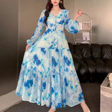 Fongt Dress Women 2025 New High-End Sense V-Neck Pearl Buckle Lantern Sleeves Wide Swing Print Long Skirt