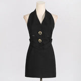 Fongt Spring New Short-Sized And Hip Dress Femininity Sleeveless Hanging Neck Deep V Neck Open Back To