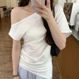Seam Forked Irregular Shoulder Short-Sleeved T-Shirt Women's New Summer Design Feel Minority Lazy Style Beautiful