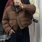 Grid Splicing Down Jacket Female Short 2024 New Retro Sweet And Thick White Duck Velvet Bread Coat-Outfit