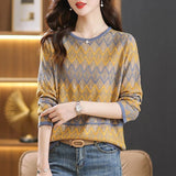 Fongt Early Autumn New Middle-Aged Mother Jacket Female Long Sleeve Loose Hollow Out Stripe Sweater Thin Bottom Sweater-Outfit
