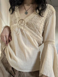 Fongt Cloth Forgets The Ancient Wild Folk Style V Tie With Horn Long-Sleeved Top Knitted Shirt