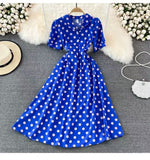 Fongt Summer French Retro Skinny Bubble Short-Sleeved V-Neck A-Shaped Dress Elegant Temperament Long Dress