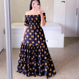 Fongt New Spring And Summer Women's Dress A Word Broken Shoulder Long Printed Fairy