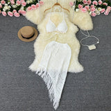 Fongt Ins Vacation Style Suit Female Design Sense Bikini Hanging Neck Vest Versatile Tassel Skirt Knit Two Sets-Outfit