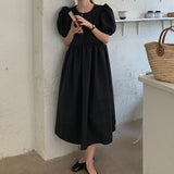 Chic Summer Round Neck Robe Contrast Color Lace Bow Polka Dot Puff Sleeve Women Midi