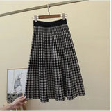 New Autumn And Winter vintage Stretch High Waisted Midi Pleated Houndstooth Printed Knitted Skirt For Women Runway
