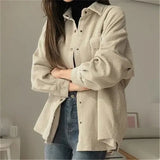 Style Corduroy Jacket Women Casual Solid Single Breasted Turn Down Collar Long Sleeve Shirt Blouse Feminina