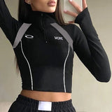 And Hot Wind Impact Color Zipper Stitching Standing Collar Trimming Tooling Machine Can Long-Sleeved T-Shirt Blouse 2024 Cool Women's