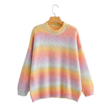 Women 2021 Fashion Rainbow Striped Knitted Sweater Jumper O Neck Female Elegant Oversize Pullovers Chic Tops
