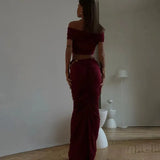 Off-shoulder Crop Top And Ruched Maxi Skirt Set-Outfit
