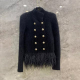 Temperament Patchwork Feather Coat For Women Stand Collar Long Sleeve Casual White Jackets Female Fashion New