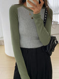 Contrast Color Raglan Slim Long Sleeve Knit-Outfit
