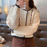 Chic Autumn And Winter French Small Fragrant Wind Three-Dimensional Embroidery Flowers Contrast Color Small Knit Sweater Sweater Coat Female-Outfit