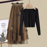 Winter Knitted 2 Piece Sets Women Long Sleeve Knitted Sweater And High Waist Mesh Long Skirts Sets For Women