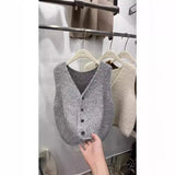 Solid Color Sleeveless Cardigan Knitted Vest 2024 Autumn And Winter New Style Folded Sweater Women's Dress-Outfit