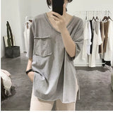 Womens T Shirts Summer Trendy Slit T-shirt Casual Loose Thin Short Sleeve Tops Korean Rolled Edge Front Short Back Long