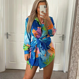 Fongt Women's Fashion Print Lace-Up Casual Irregular Short Long Sleeve Shirt