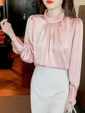 Fongt Temperament Shows Thin Three-Dimensional Flower Pure Color Set Jacket Female Spring New Long Sleeve Satin Simulation Silk Shirt-Outfit