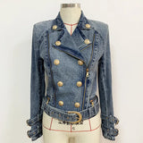 Fongt 2025 New Women's Coat Lion Buckle Double Zipper Wash Denim Locomotive Small Suit Jacket