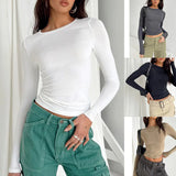 Fongt Women's Autumn Versatile Irregular Slim Bottom Top T Shirt Round Collar Solid Color Slim Long Sleeves-Outfit