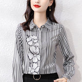 Satin Women's Shirt Chiffon Blouses Women Striped Printed Long Sleeve Ladies Tops Polo Neck Button Up Female Basic