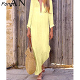 Summer New Solid Color Fashion Simple Loose V-neck Split Long Skirt Loose Cotton Linen Long Sleeve Dress White