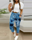 Fongt Women's Two Sets Of Short-Sleeved Commuting Print Trousers