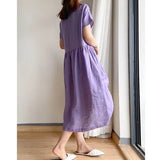 Fongt New Leisure Spring And Summer Loose Skirt Short Sleeve Round Neck Solid Cotton Linen Dress