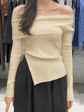 Split Off Shoulder Ribbed Knit Top-Outfit