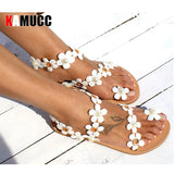 Flat Sandals Sweet Boho Pearl Decoration Sandals Women Beach Sand Holiday Shoes Leather Flats Plus