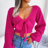 Wind Shooting Autumn And Winter Fashion Bow V Leader Lantern Sleeve Open Umbilly Sweater Women's