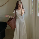 Fongt Chic Summer Simple Temperament Round Collar Fold Closed Waist Show Thin Short Sleeve Large Swing T-Shirt Dress Long Skirt-Outfit