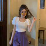 Fongt New Chic Temperament Slimming Foam Sleeve Round Collar Knitted Short-Sleeved T-Shirt White Blouse