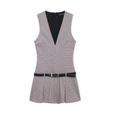 Fongt Women's Clothing 2025 Autumn And Winter New Waist Bandwidth V-Neck Sleeveless Checker Mini Dress