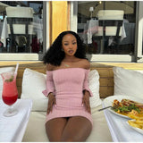 Pink Bodycon Knitted Off Shoulder Mini Dress-Outfit