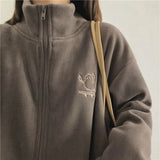 Embroidery Zip Up Fleece Jacket-Outfit