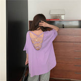 Sleeve T-shirts Women Solid Backless Chic Fashion Loose Leisure Oversize Sexy Cozy O-neck Tshirts Elegant Womens