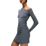 Fongt Women's Fall 2024 New Solid Color Long Sleeve One Shoulder Diagonal Collar Sexy Hip Dress Mini-Outfit