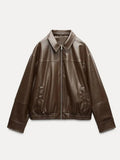 PU Leather Zipper Cropped Jacket-Outfit