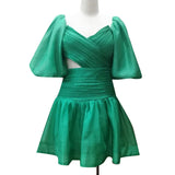 Solid Cut Out Dress For Women V Neck Short Sleeve High Waist Ruched Mini Dresses Female Summer Clothing New