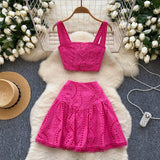 Fongt Girls Hollow Embroidery Suit Female Sling With Short Waist Vest + High-Waist A-Word Skirt Sexy Two