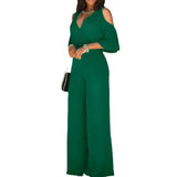 Spring Summer Women Jumpsuit Sexy Hollow Off Shoulder Romper V Neck Half Sleeve Solid High Waisted Belt Wide Leg