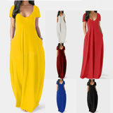 Fongt New Plus-Size Women's Solid Color Dress Sexy Deep V Short-Sleeved Dress-Outfit