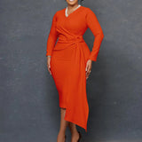 Fongt Women's Autumn Fashion Large-Size V-Neck Long-Sleeved Temperament Pencil Skirt Dress