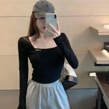 Fongt Square Collar Embroidered Long-Sleeved T-Shirt Women's Fall 2024 Versatile Slim Short Crop Bottom Shirt Slim