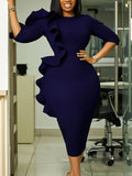Fongt Fashion Women's Round-Neck Temperament Seven-Sleeve Lotus Leaf Side Elegant African Dress